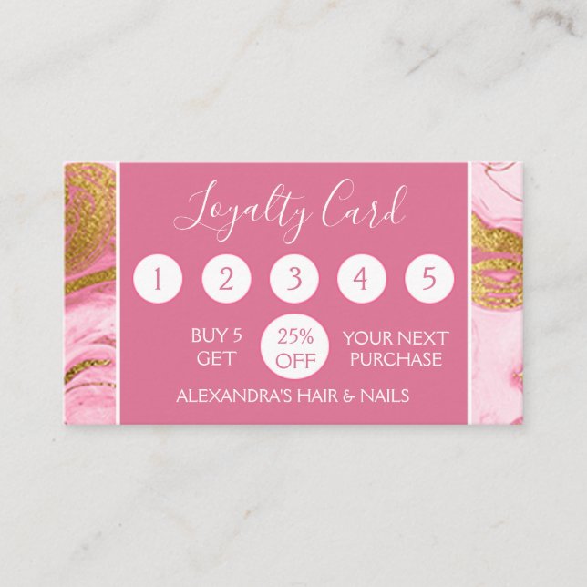 Pink and Gold Marble Girly Loyalty Punch Card (Front)