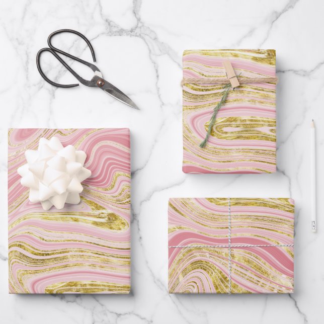 Pink and Gold Marble Look Wrapping Paper Sheet (Front)