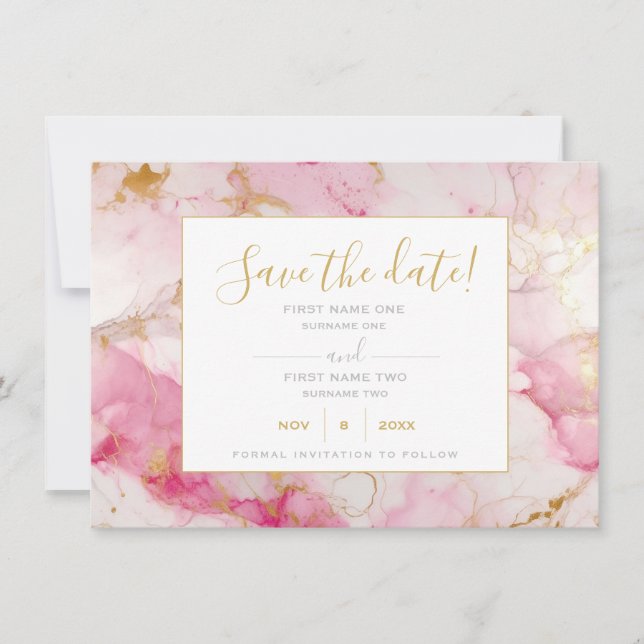 Pink and gold marble save the date card (Front)