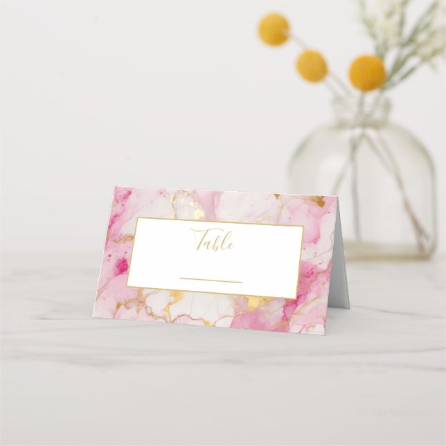 Pink and gold marble wedding table number place card (Front)