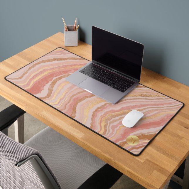 Pink and Gold Marble with Gold Monogram Desk Mat (Office 2)