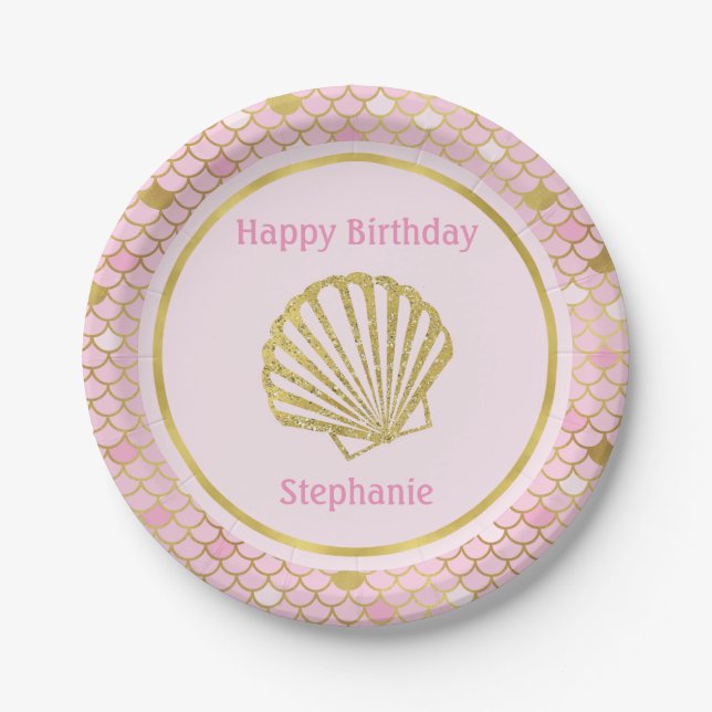 Pink and Gold Mermaid Paper Plates (Front)