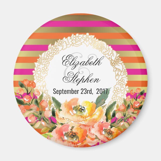 Pink and Gold Metallic Stripes w/ Florals Wedding Magnet (Front)