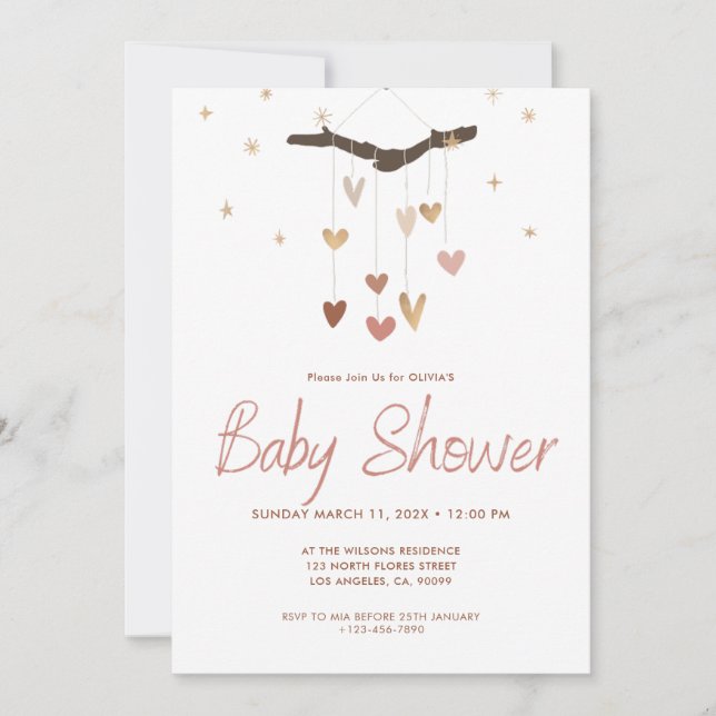 Pink and Gold Modern Simple Cute Boho Baby Shower Invitation (Front)