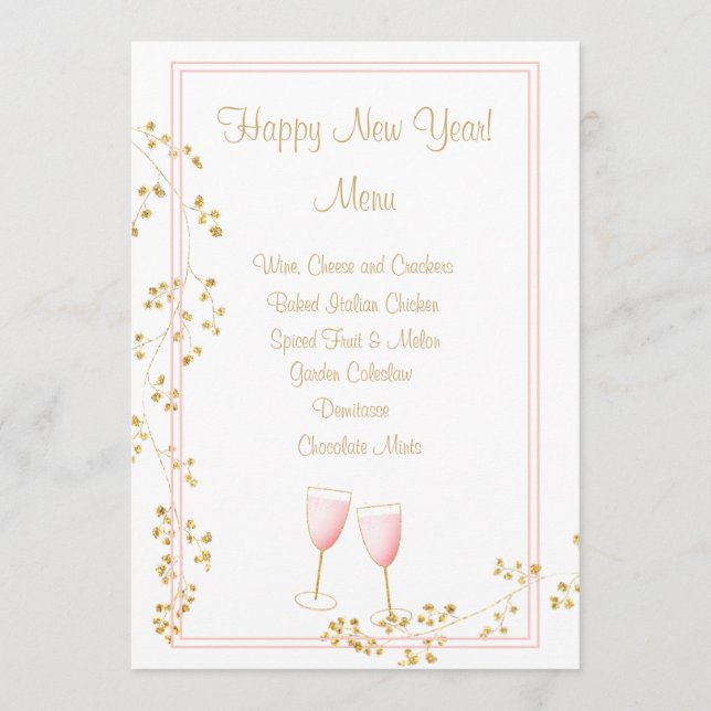 Pink and Gold New Year's Champagne Toast Menu Card (Front)