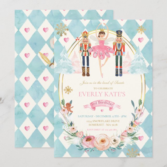 Pink And Gold Nutcracker Birthday Sugar Plum Fairy Invitation (Front/Back)