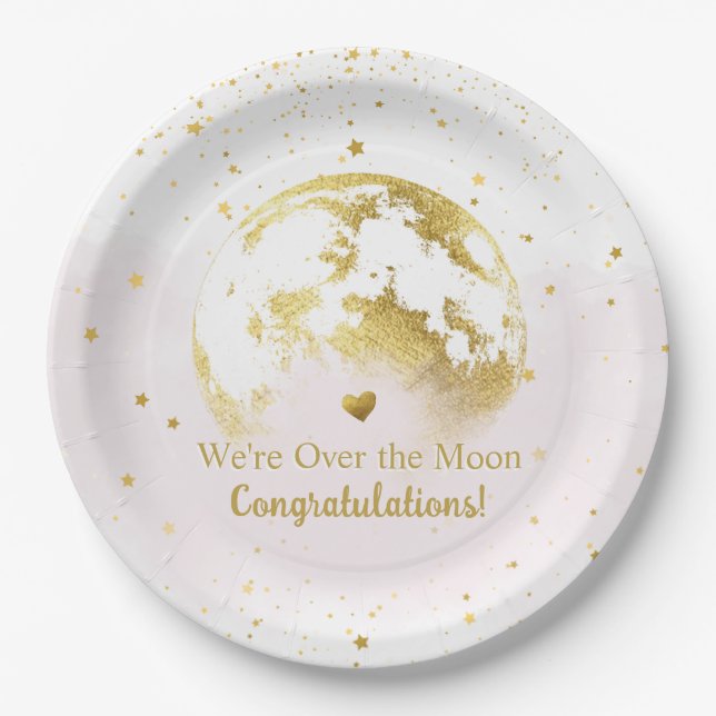 Pink and Gold Over the Moon Baby Shower Paper Plate (Front)