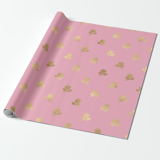 Pink and Gold Paris Foil Rose Pattern Wrapping Paper (Unrolled)