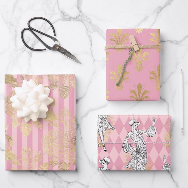 Pink and Gold Paris themed Wrapping Paper Sheet (Front)