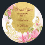 Pink and gold peacock lotus Indian wedding  Classic Round Sticker<br><div class="desc">Pink and gold peacock pink lotus Indian wedding personalized thank you favour stickers.</div>