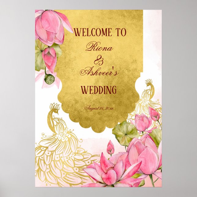 Pink and gold peacock lotus Indian welcome sign (Front)