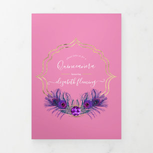 Pink and Gold Peacock Quinceañera Tri-Fold Invitation