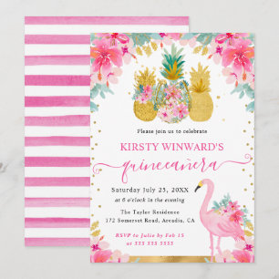 Pink and Gold Pineapples and Flamingo Quinceanera Invitation