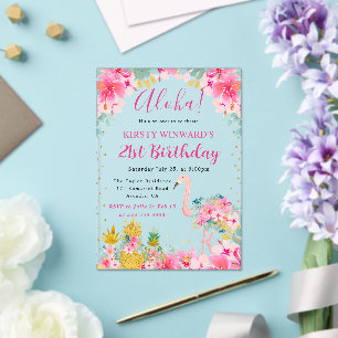 Pink and Gold Pineapples & Flamingo 21st Birthday Acrylic Invitations