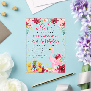Pink and Gold Pineapples & Flamingo 21st Birthday Acrylic Invitations