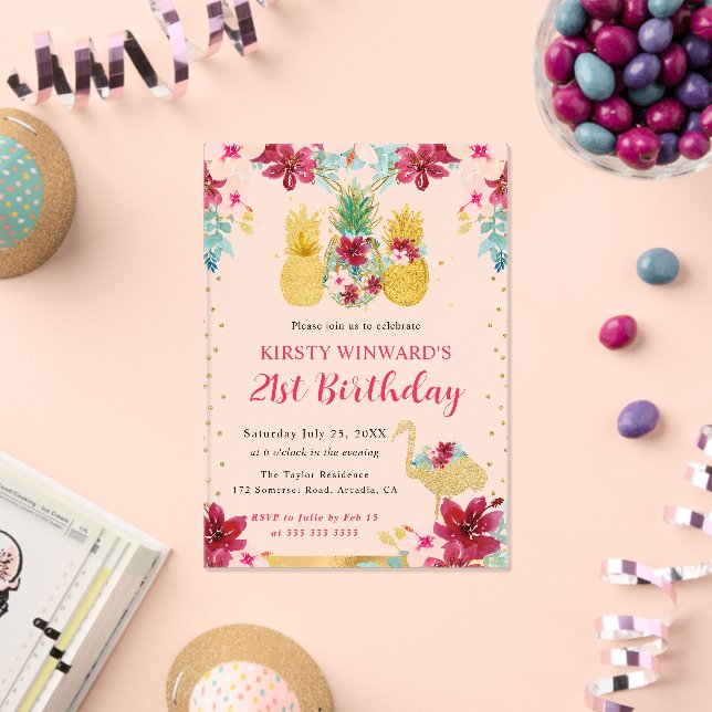 Pink and Gold Pineapples & Flamingo 21st Birthday Acrylic Invitations (Insitu (Celebration))