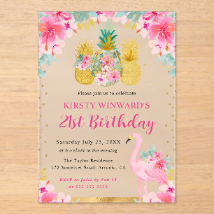 Pink and Gold Pineapples & Flamingo 21st Birthday Acrylic Invitations