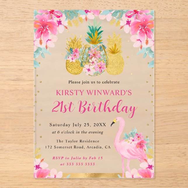 Pink and Gold Pineapples & Flamingo 21st Birthday Acrylic Invitations (Front)