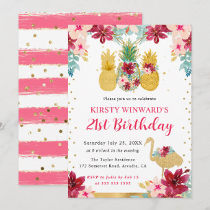 Pink and Gold Pineapples & Flamingo 21st Birthday Invitation