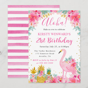 Pink and Gold Pineapples & Flamingo 21st Birthday Invitation