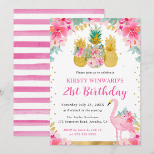 Pink and Gold Pineapples & Flamingo 21st Birthday Invitation