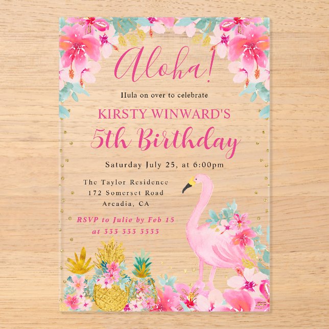 Pink and Gold Pineapples & Flamingo Kids Birthday Acrylic Invitations (Front)