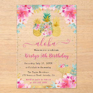 Pink and Gold Pineapples & Flamingo Kids Birthday Acrylic Invitations