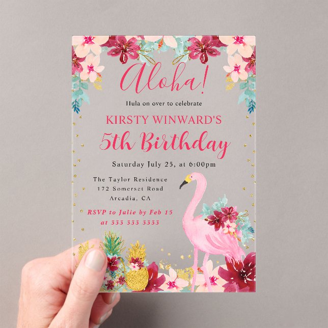 Pink and Gold Pineapples & Flamingo Kids Birthday Acrylic Invitations (Insitu (Handheld))