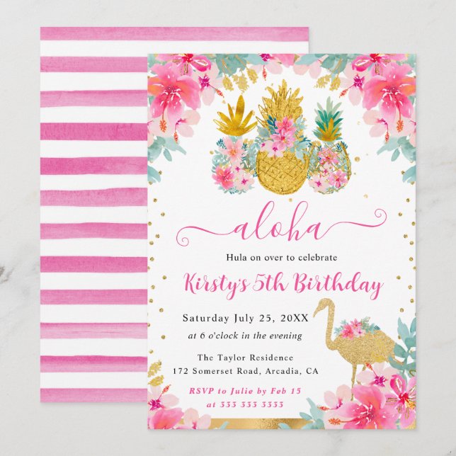 Pink and Gold Pineapples & Flamingo Kids Birthday Invitation (Front/Back)
