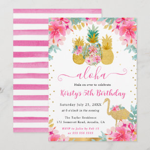 Pink and Gold Pineapples & Flamingo Kids Birthday Invitation