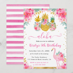 Pink and Gold Pineapples & Flamingo Kids Birthday Invitation