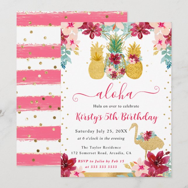 Pink and Gold Pineapples & Flamingo Kids Birthday Invitation (Front/Back)