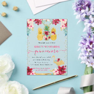 Pink and Gold Pineapples & Flamingo Quinceanera Acrylic Invitations