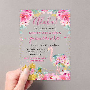 Pink and Gold Pineapples & Flamingo Quinceanera Acrylic Invitations