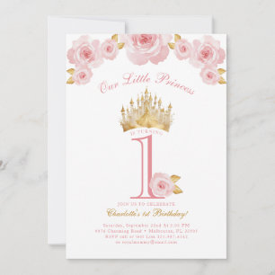 Pink and Gold Princess 1st Birthday Invitation 