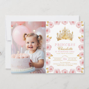Pink and Gold Princess 1st Birthday Photo Invitation