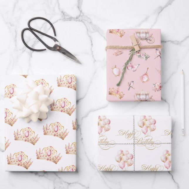 Pink and Gold Princess Crown Girl Birthday Wrapping Paper Sheet (Front)