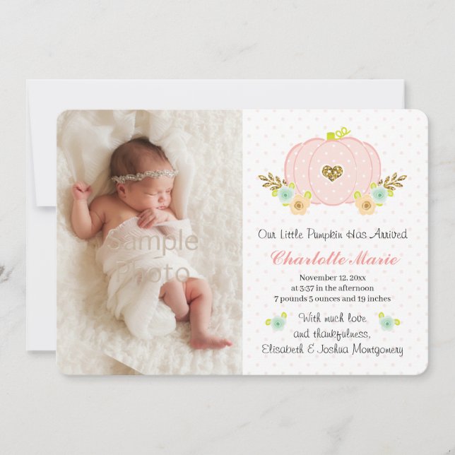 Pink and Gold Pumpkin Baby Birth Announcement (Front)