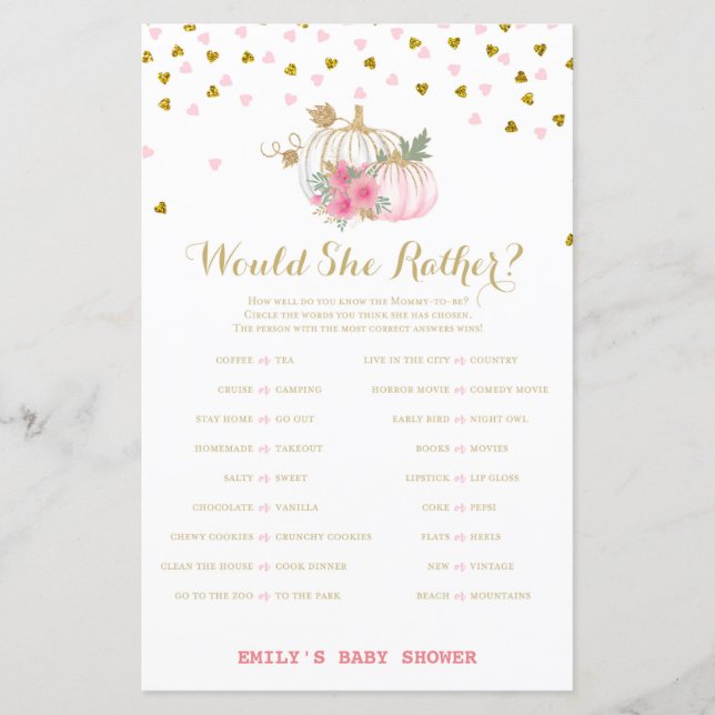 pink and Gold Pumpkin Baby Shower Game (Front)