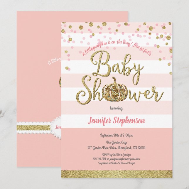 Pink and gold pumpkin baby shower invitation (Front/Back)