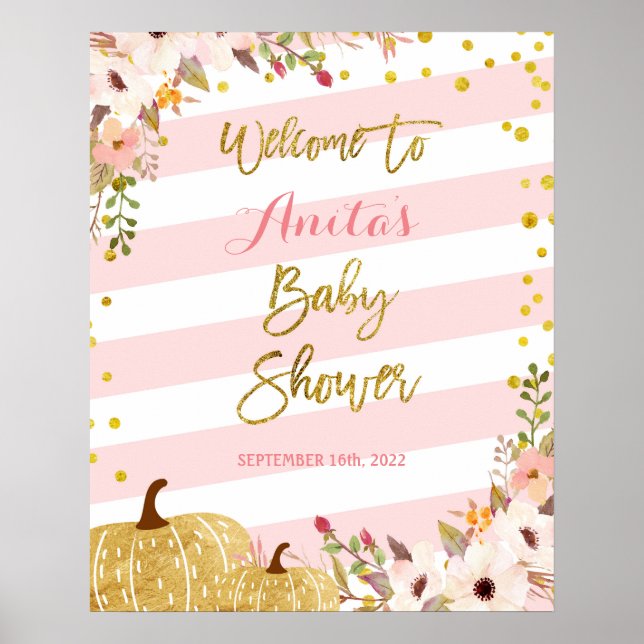 Pink and Gold Pumpkin Baby Shower Welcome Sign (Front)