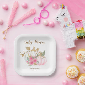 Pink And Gold Pumpkin Floral Baby Shower Paper Plate