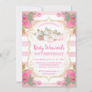 Pink and Gold Pumpkin Frame 21st Birthday Invitation