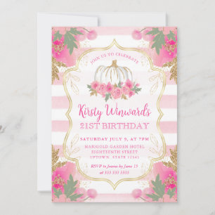 Pink and Gold Pumpkin Frame 21st Birthday Invitation