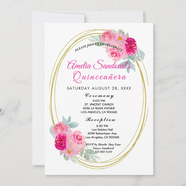 Pink and Gold Quinceanera Floral Invitation (Front)