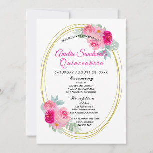 Pink and Gold Quinceanera Floral Invitation