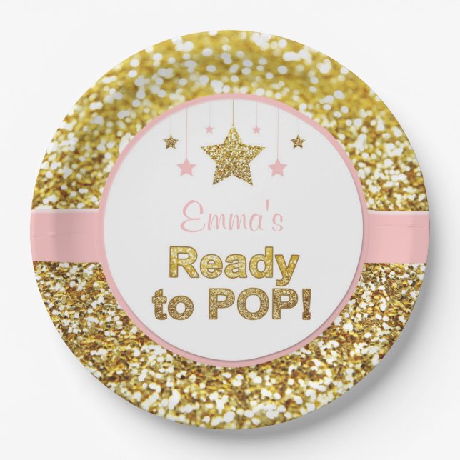Pink and gold "ready to pop" baby shower plates (Front)