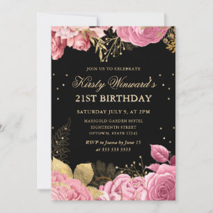 Pink and Gold Roses Border Floral 21st Birthday Invitation