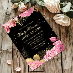 Pink and Gold Roses Border Floral Sweet Sixteen Invitation