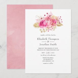 Pink and Gold Roses Watercolor Wedding Invitation